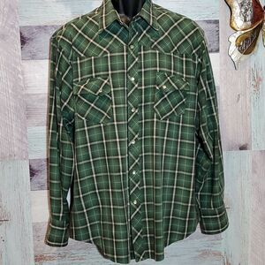 Wrangler Men's XL Green Plaid Perl Snap Western Shirt Very Soft Comfortable